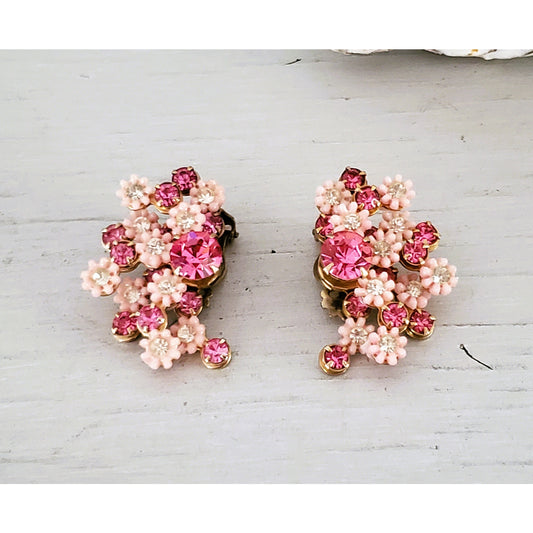 Vintage Leru Designer Pink and Cream Floral Earrings