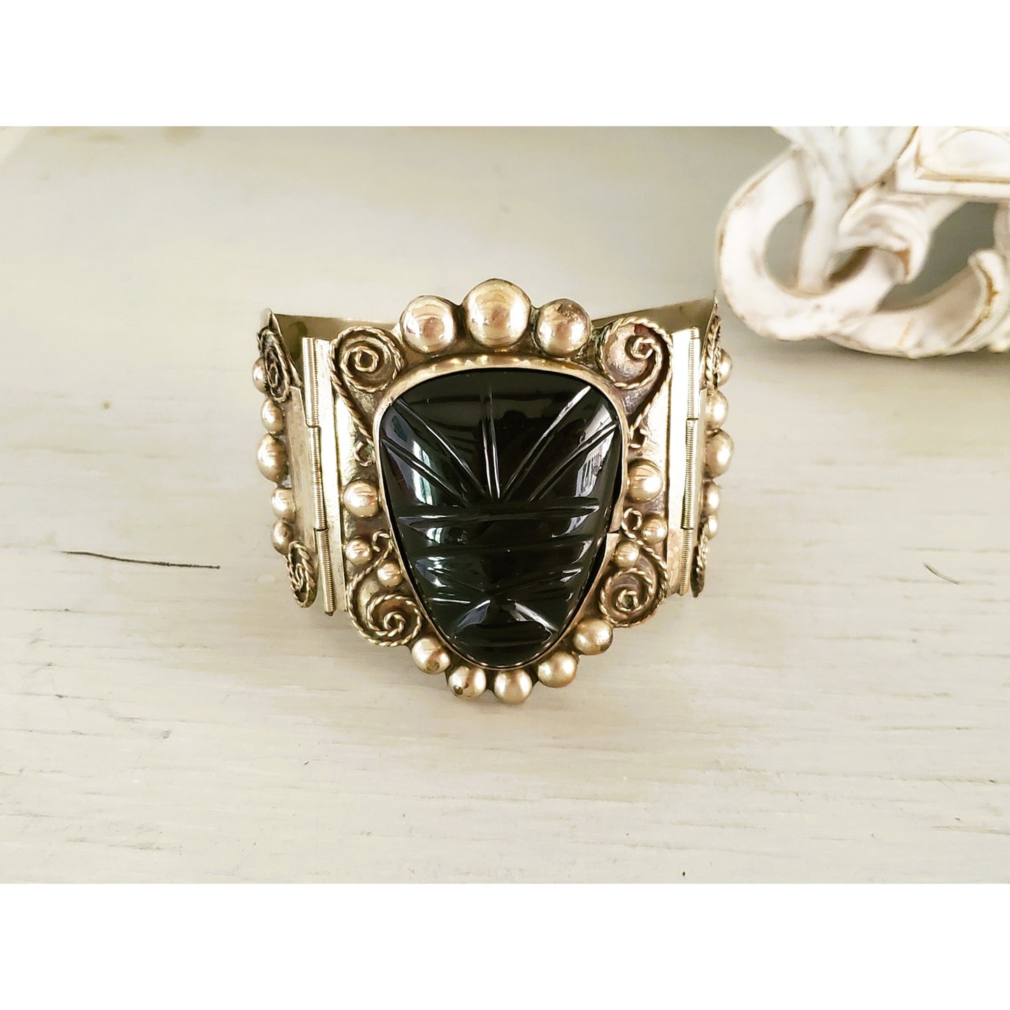 Vintage Large Silver Panel Onyx Mexico Panel Bracelet