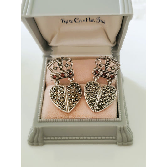 Vintage Sterling Silver Marcasite and Red Stone Heart Earrings