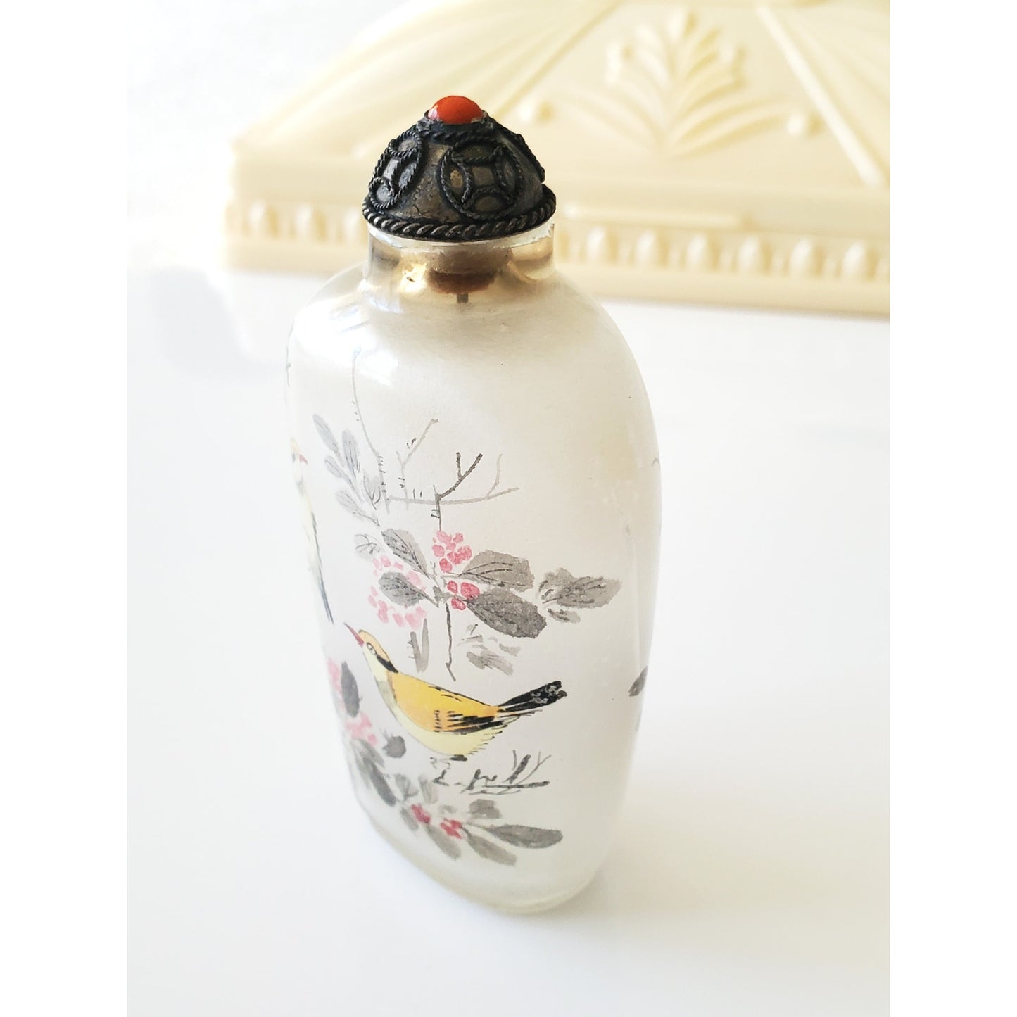Vintage Chinese Bird and Floral Painted Snuff Bottle