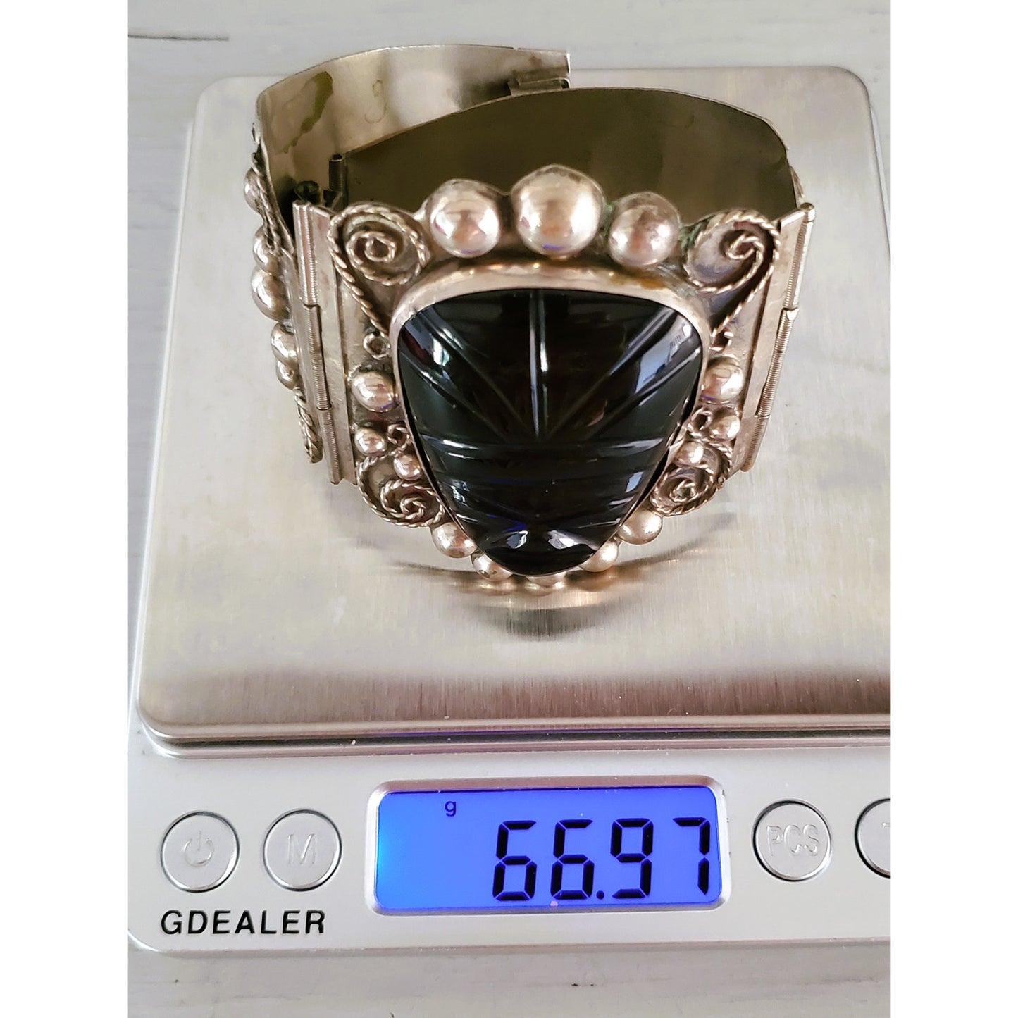 Vintage Large Silver Panel Onyx Mexico Panel Bracelet