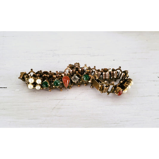 Victorian Revival Brass Filigree Faux Pearl & Glass Stone Bracelet