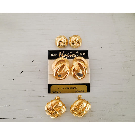 Vintage Lot of Gold Tone Napier Designer Clip On Earrings
