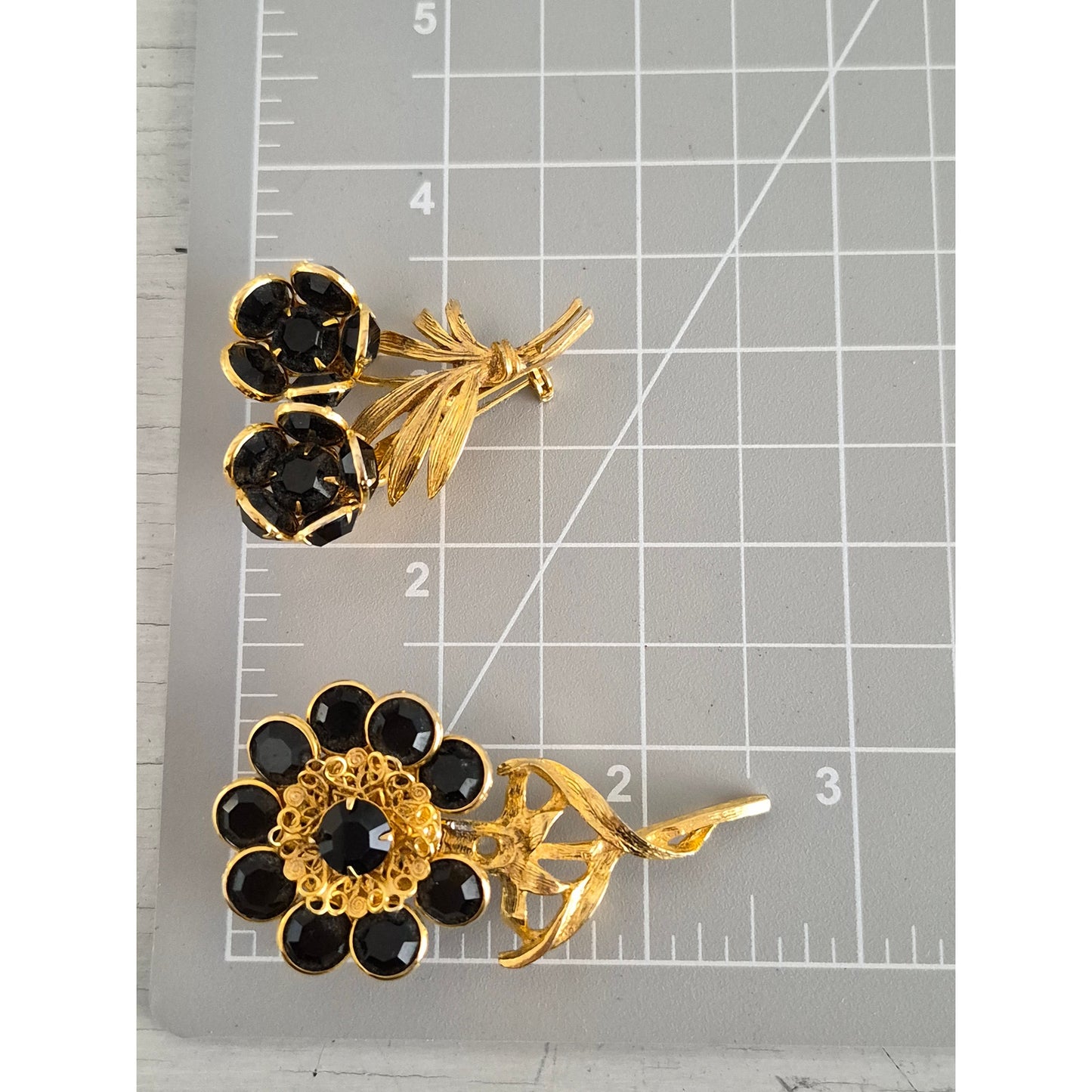 Pair of Vintage Black Crystal Rhinestone Flower Brooches