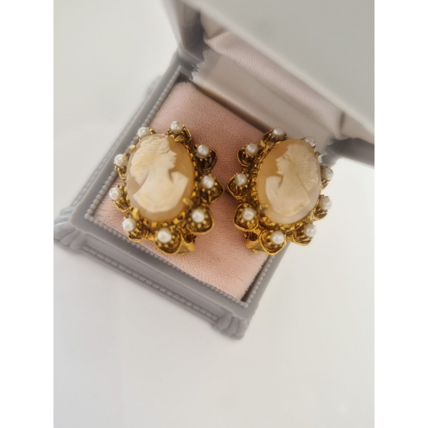 Vintage MCM Pearl Halo Victorian Lady Cameo Earrings