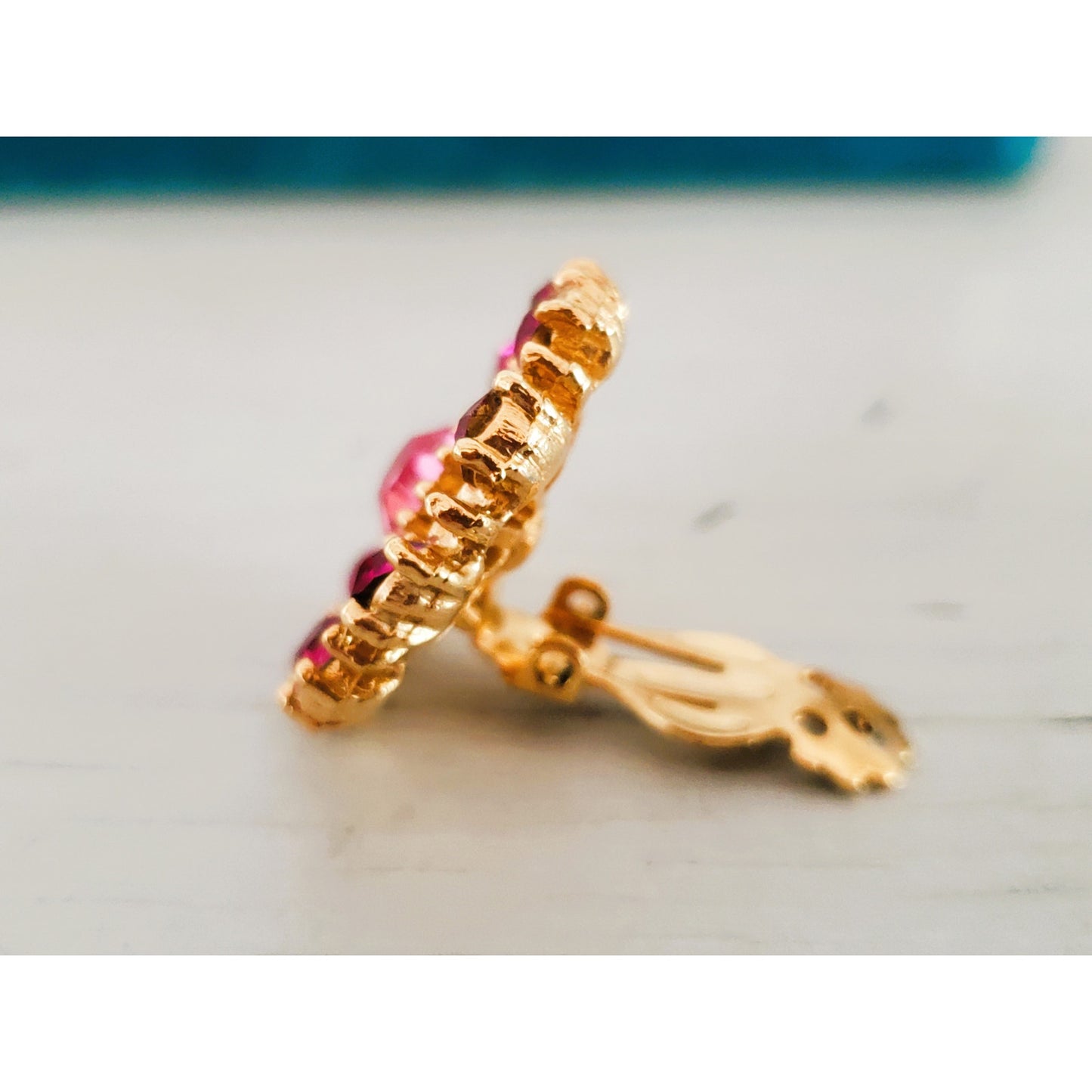 Vintage Fuchsia Rhinestone Round Gold Tone Earrings