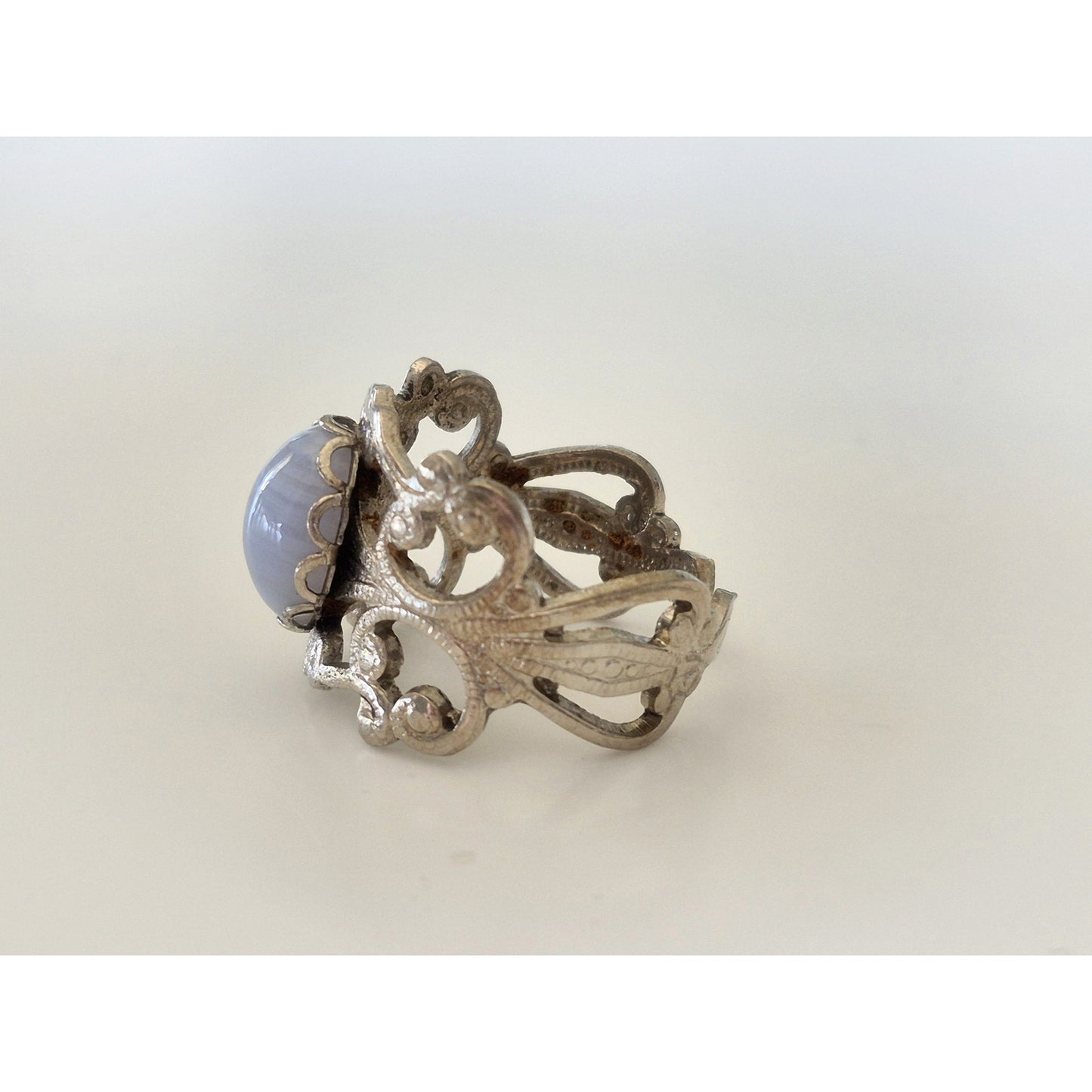 Vintage Blue Lace Agate Silver tone Filigree Ring