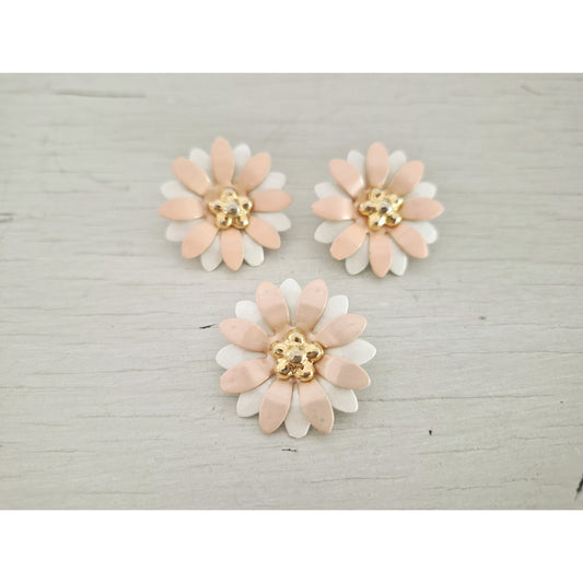 Bllush Pink and White Layered Enamel Metal Flower Brooch and Earring Set