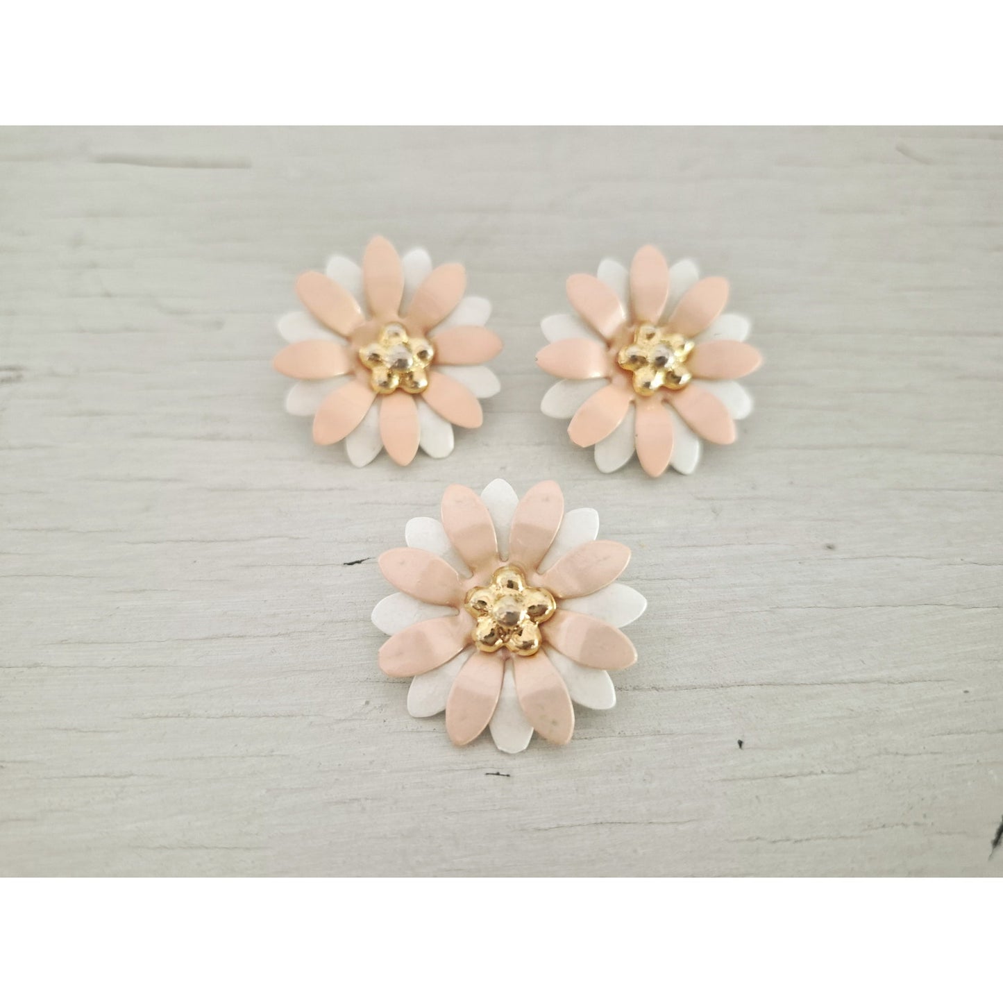 Blush Pink and White Layered Enamel Metal Flower Brooch and Earring Set