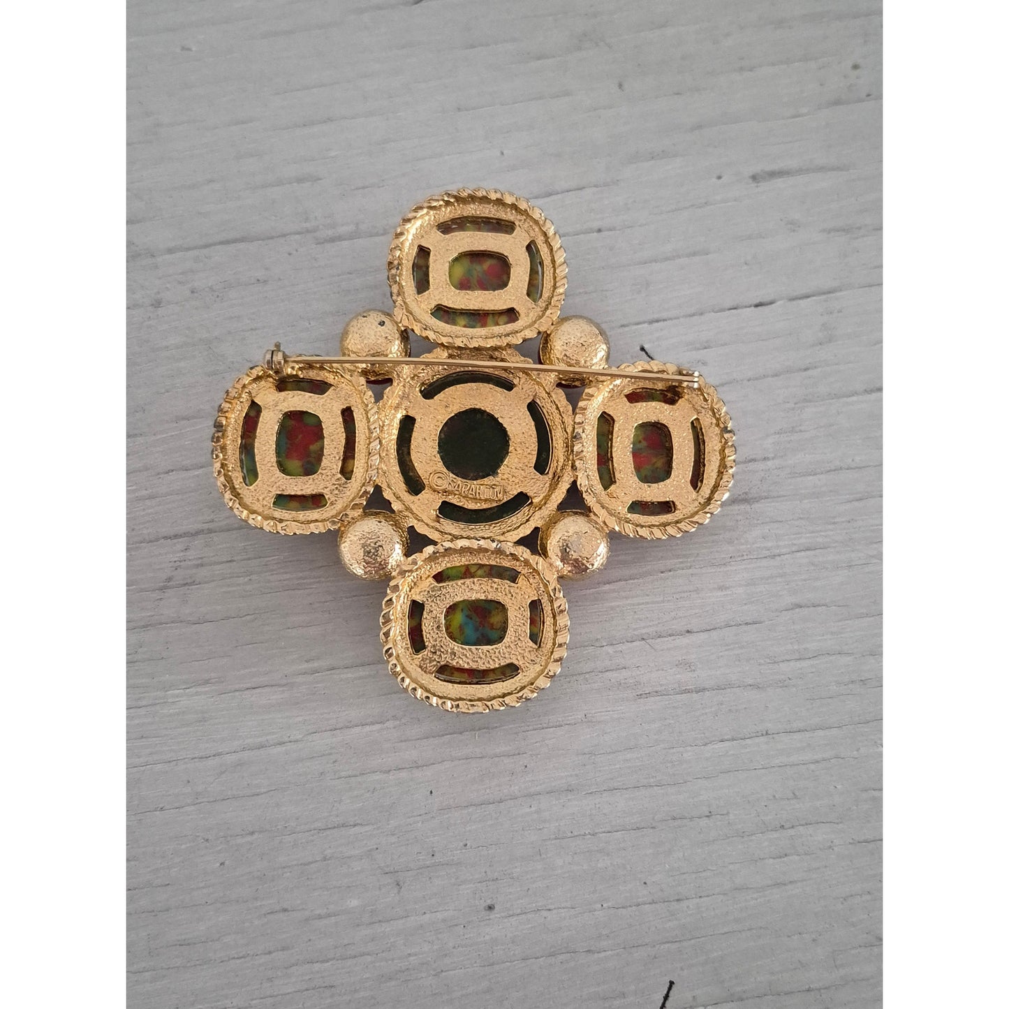 Vintage Sarah Coventry Signed Mosaic Maltese Cross Brooch