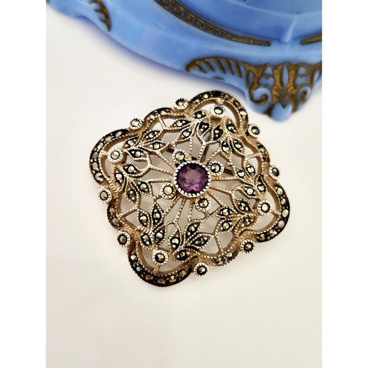 Vintage Judith Jack Sterling Silver Amethyst & Marcasite Brooch Pendant