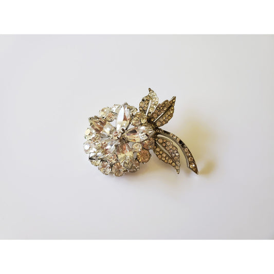 Vintage Clear Rhinestone Floral Brooch