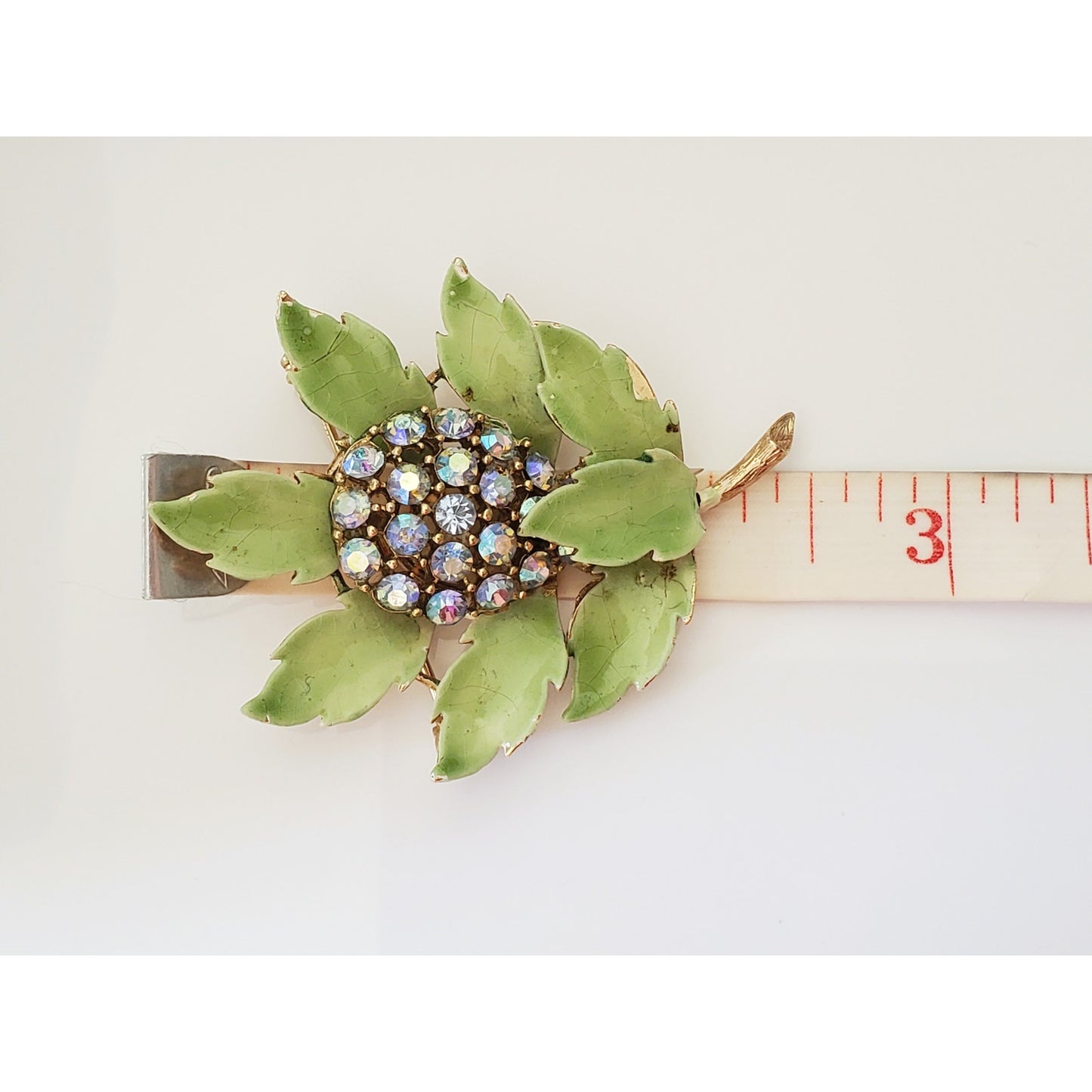Vintage Lisner Sage Green Enamel Leaf AB Rhinestone Brooch