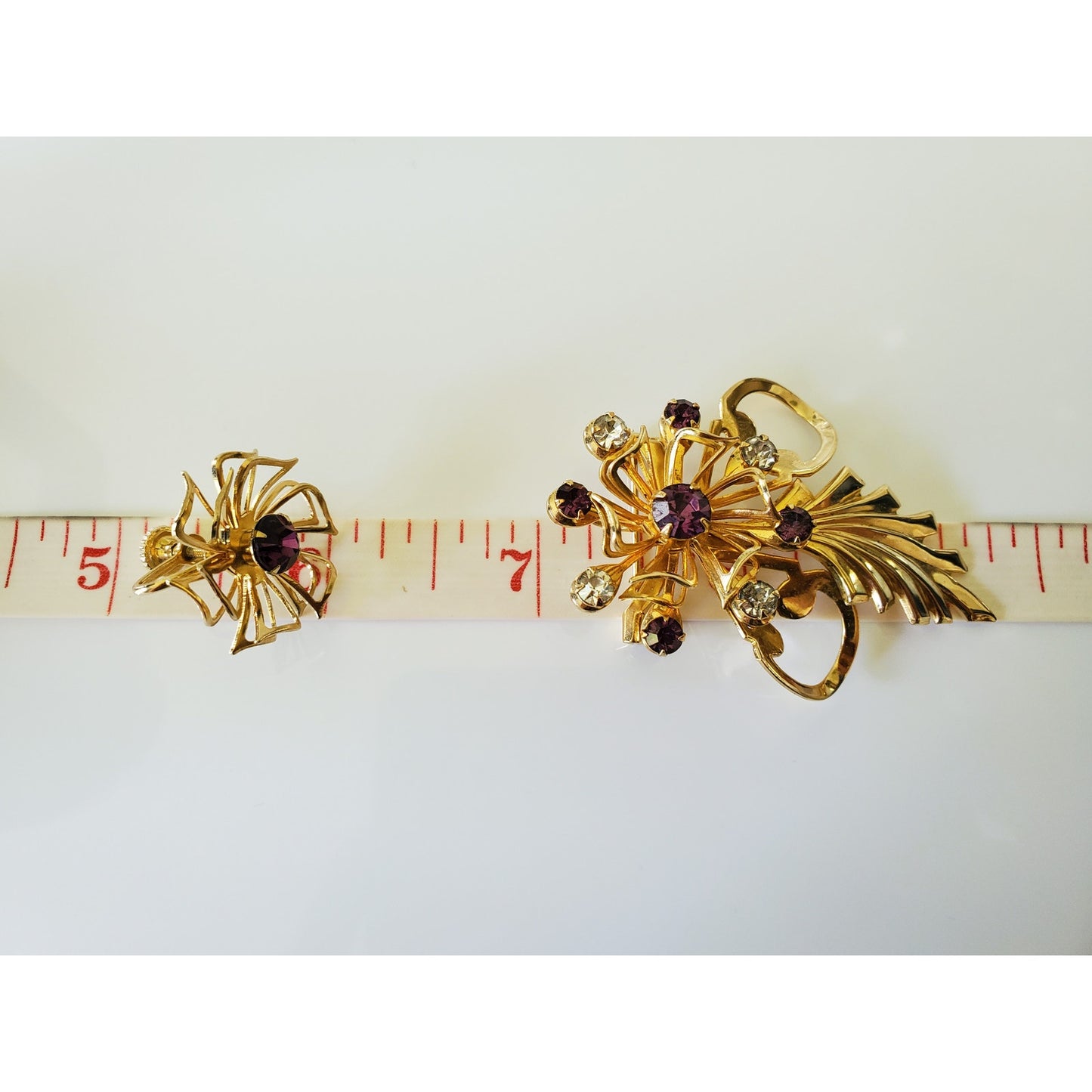 Vintage Gold Tone Dark Purple Stone Floral Brooch and Earring Set