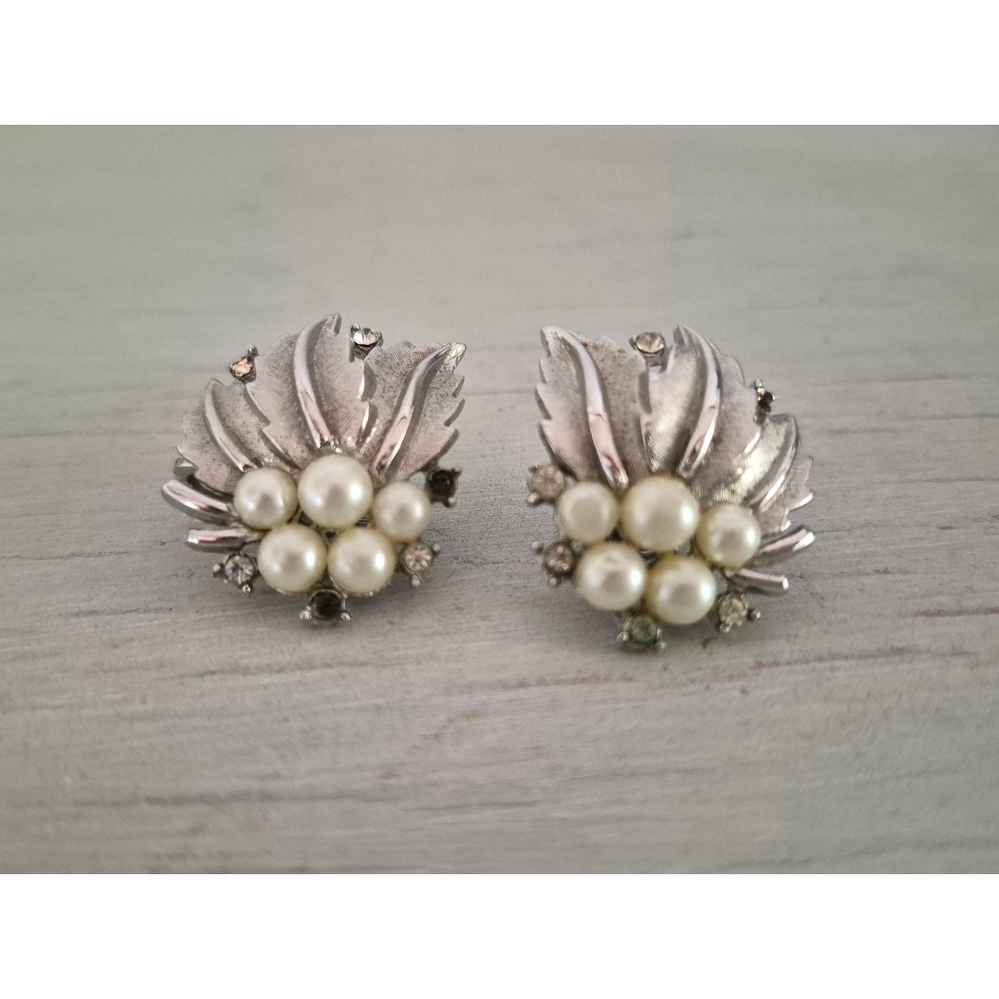 Vintage Crown Trifari Silver tone Rhinestone and Faux Pearl Earring Lot of 2