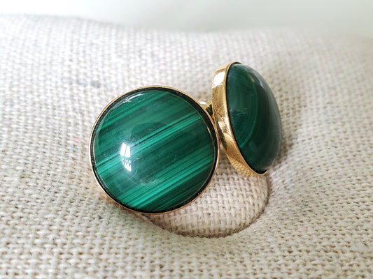 14K Solid Gold – Vintage Mid-Century Green Malachite Carbochon Bezel Mounted Stud Earrings