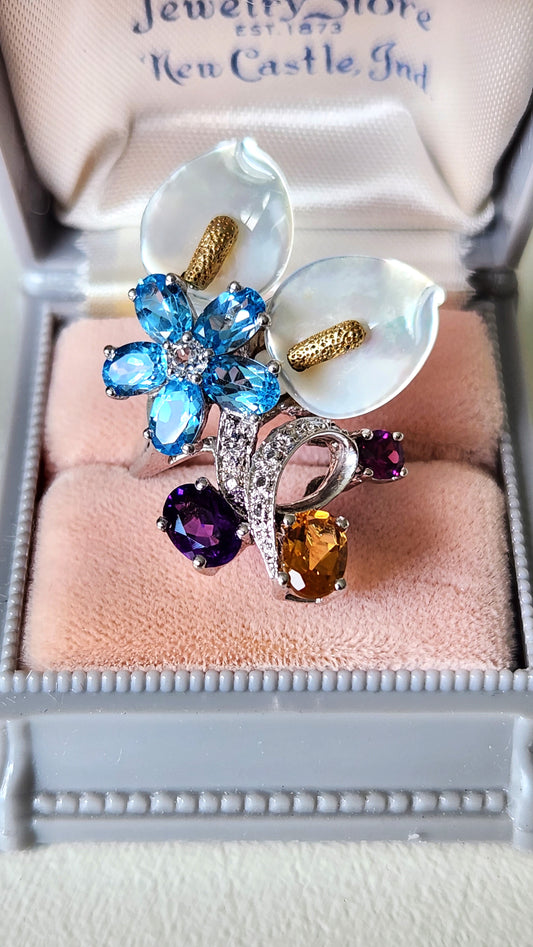 Gorgeous Sterling Multi-Gem Flower Cocktail Ring