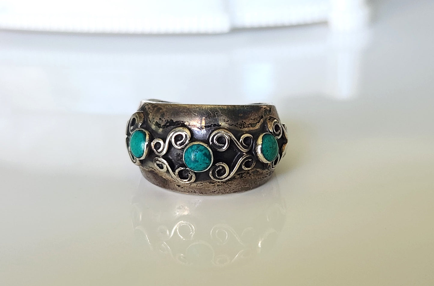 Vintage Southwestern Taxco Mexico Sterling Malachite Ring