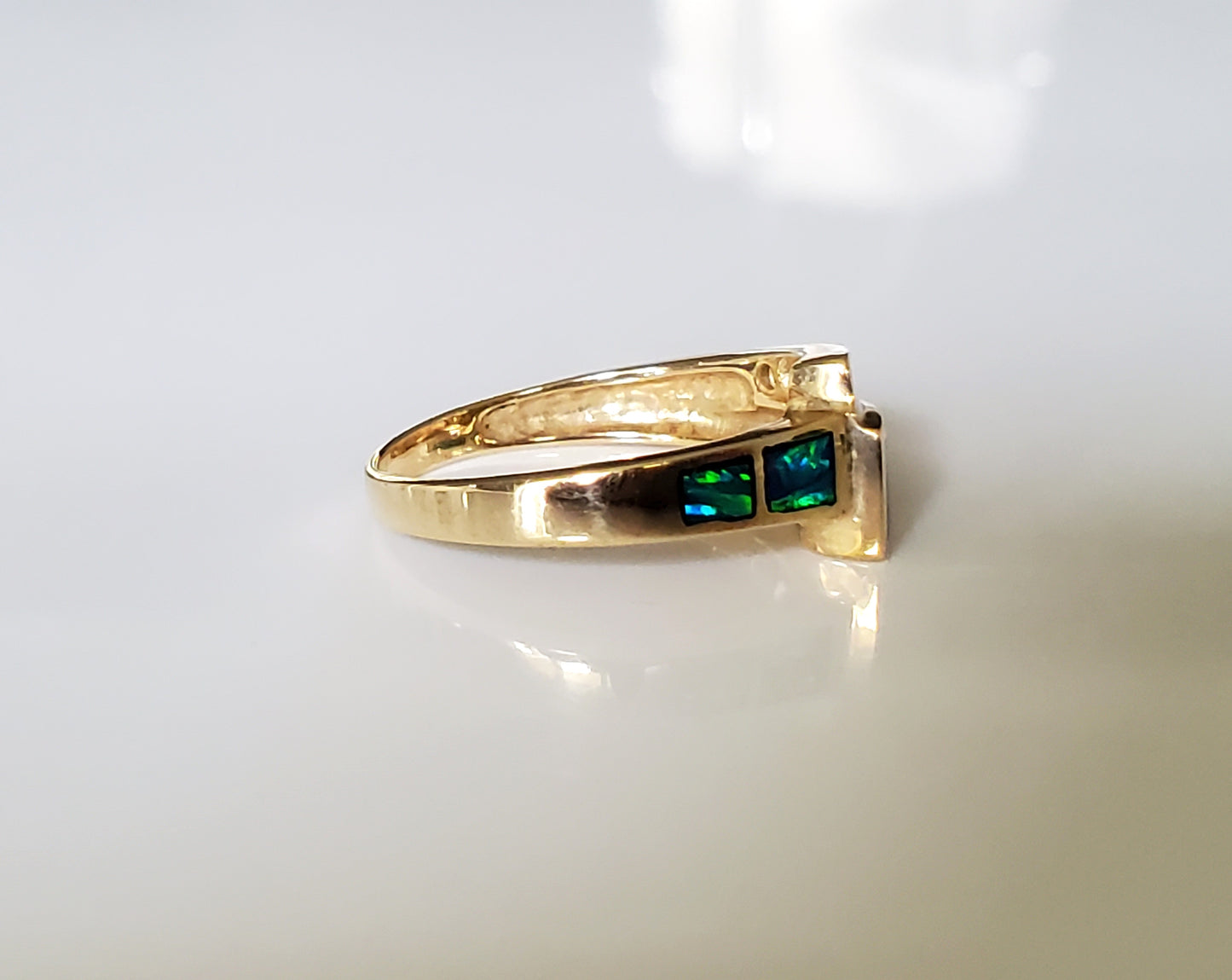 14K Solid Gold Inlaid Opal and Diamond Ring