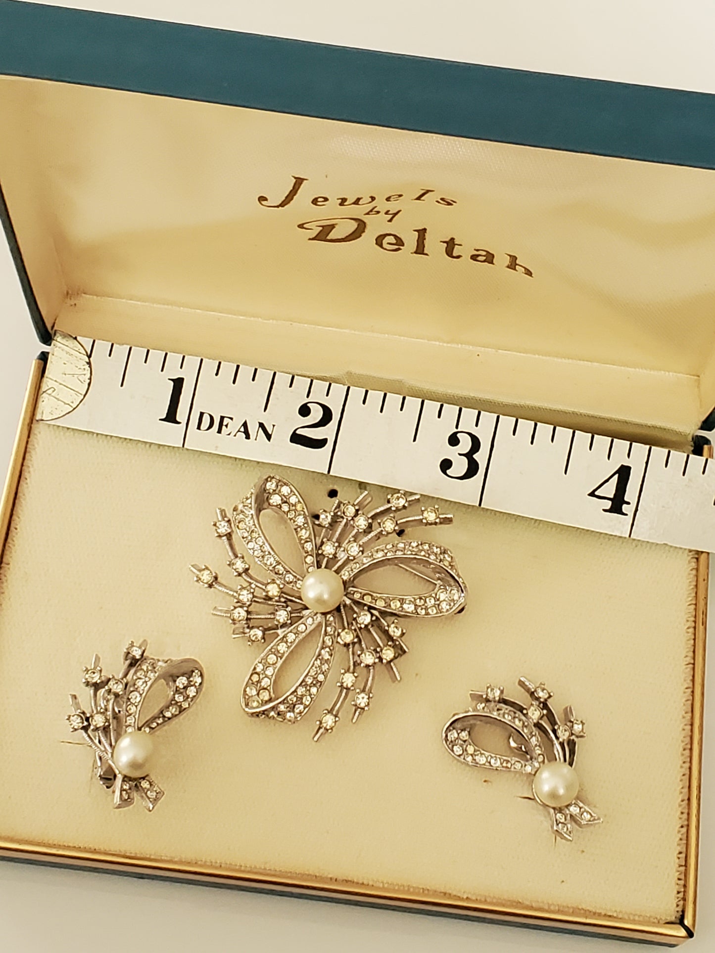 Vintage Deltah Pearl and Rhinestone Brooch and Earring Set