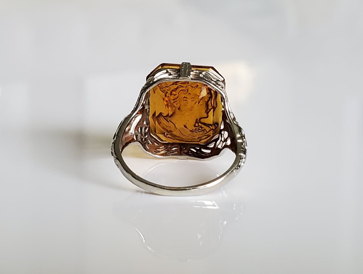 Antique 1920s 10K White Gold Filigree Cameo Ring