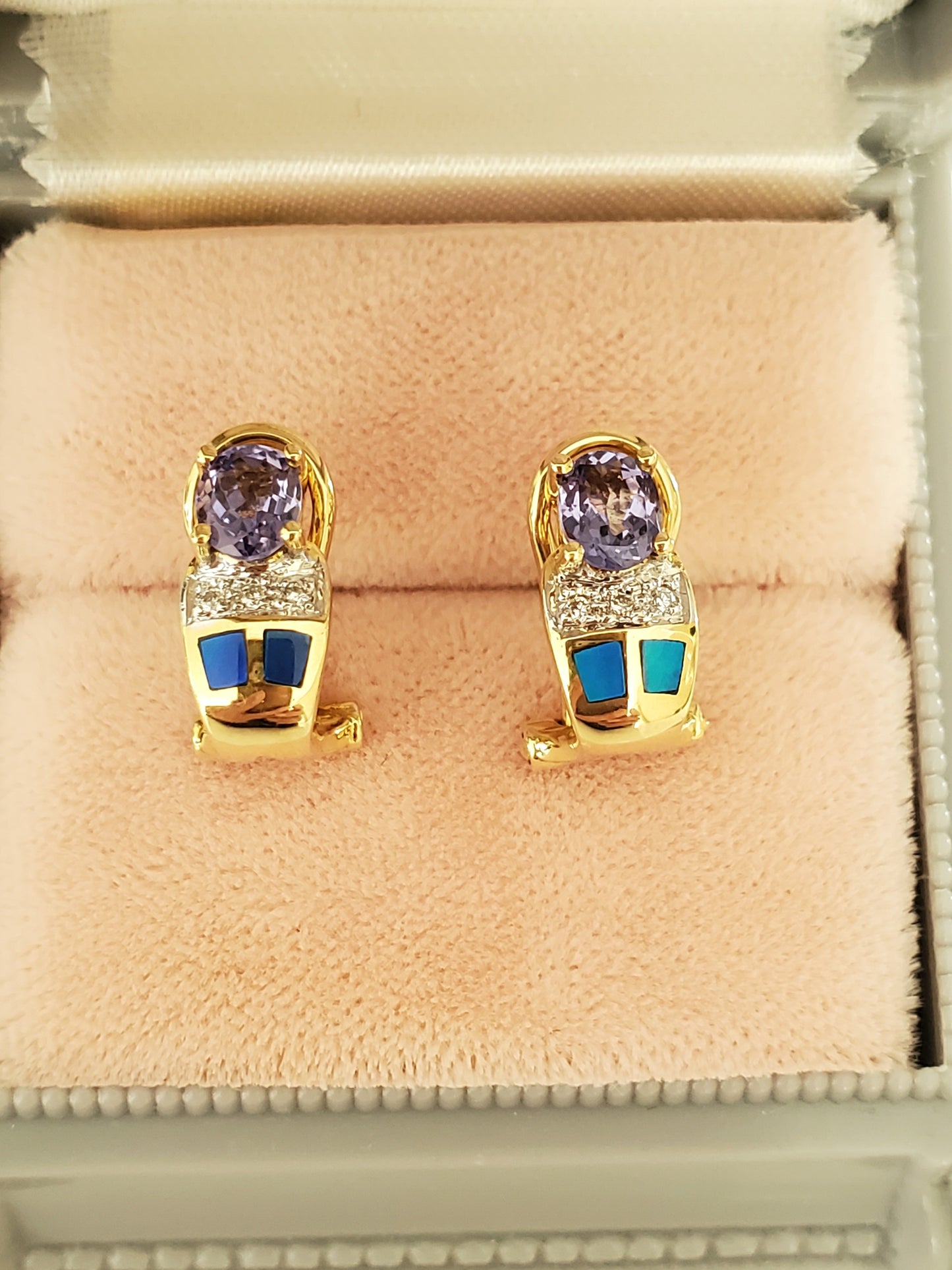 Lovely 18K Solid Gold Tanzanite, Opal and Diamond Olympus back Earrings