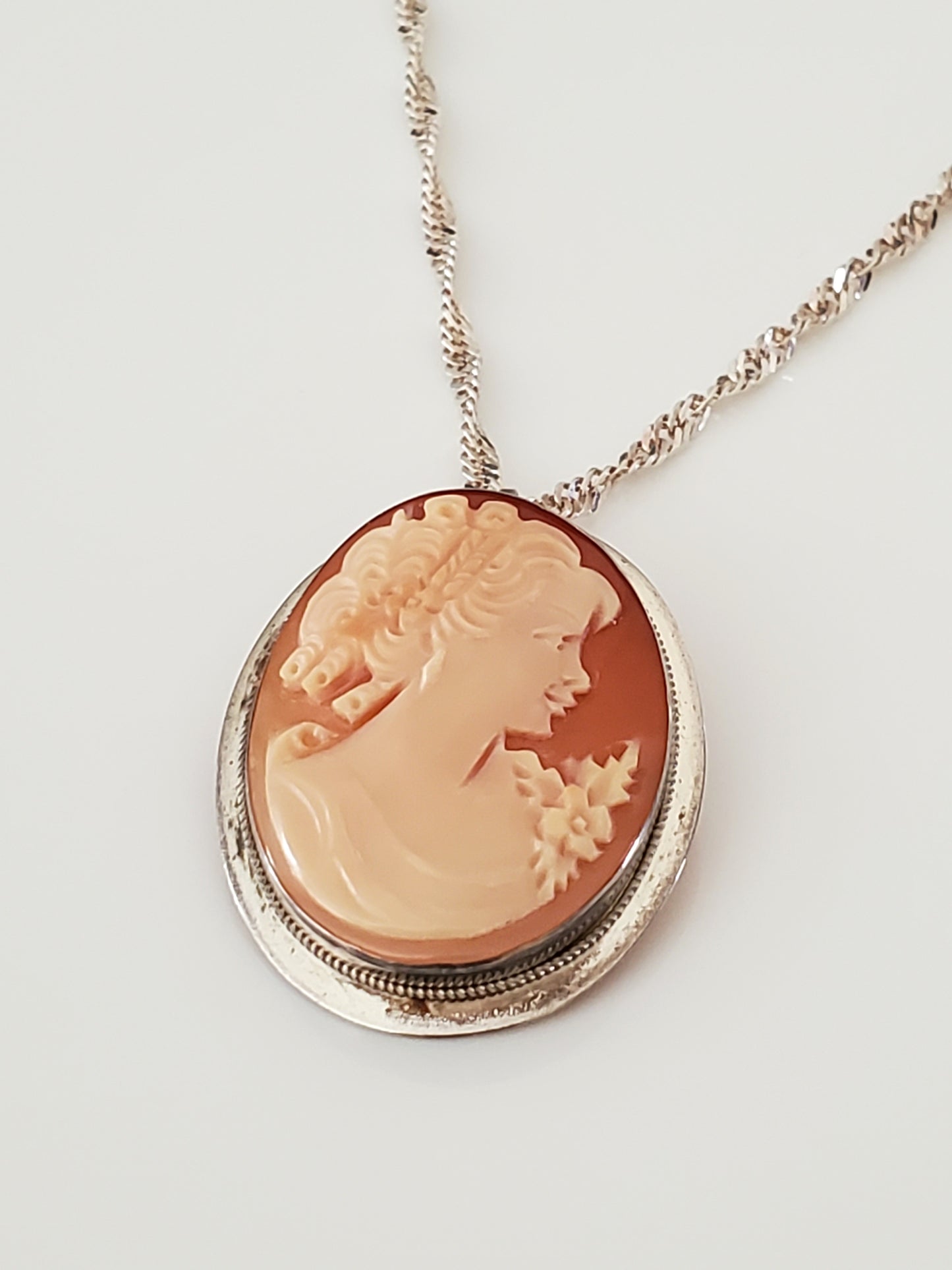 Sterling Italian Carved Cameo Brooch Necklace