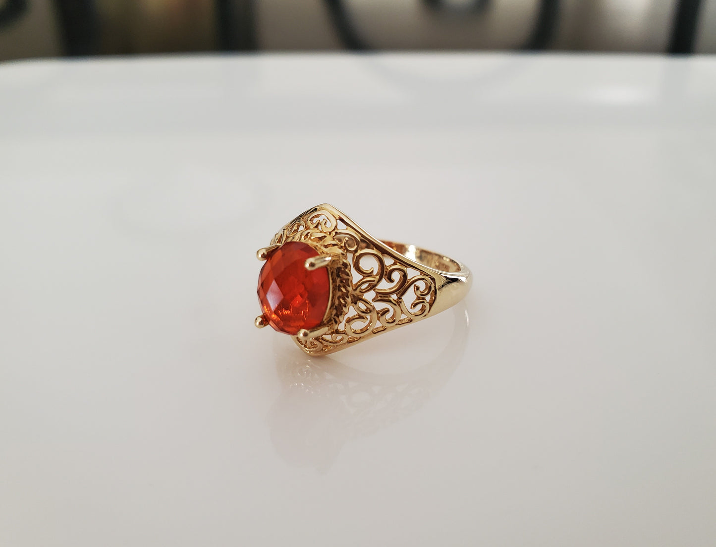 Vintage Style Orange Stone Filigree 14K Gold Ring