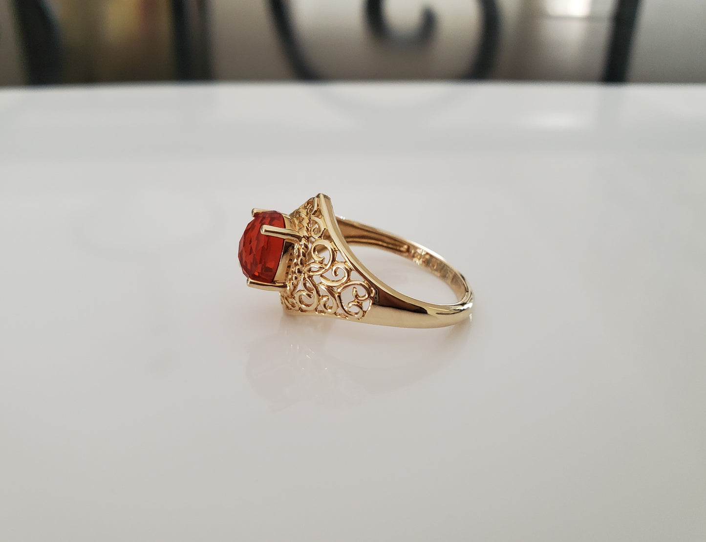 Vintage Style Orange Stone Filigree 14K Gold Ring