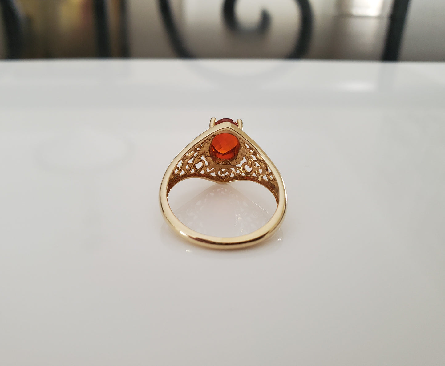 Vintage Style Orange Stone Filigree 14K Gold Ring