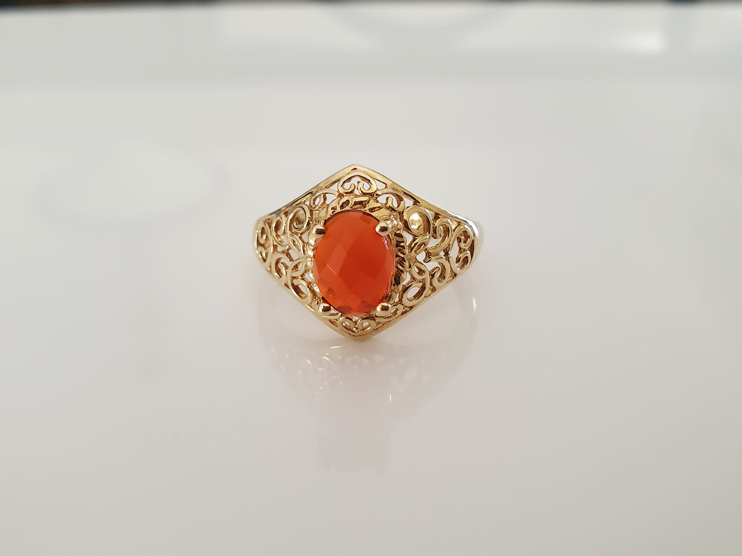 Vintage Style Orange Stone Filigree 14K Gold Ring