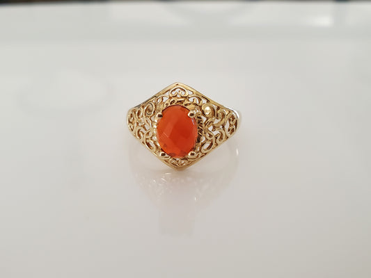 Vintage Style Orange Stone Filigree 14K Gold Ring