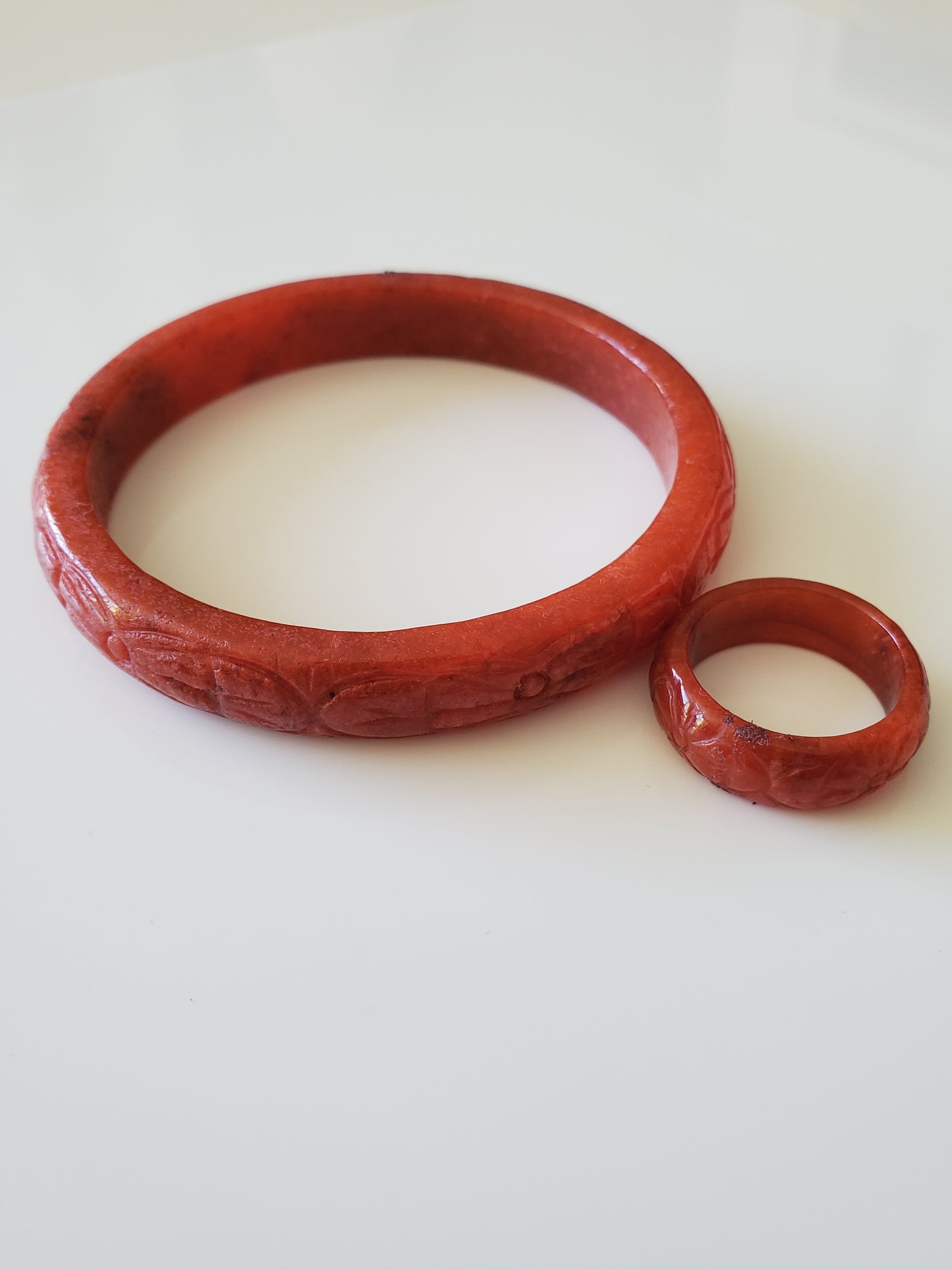 Vintage Chinese Carved Red Jade Bangle and Ring Set