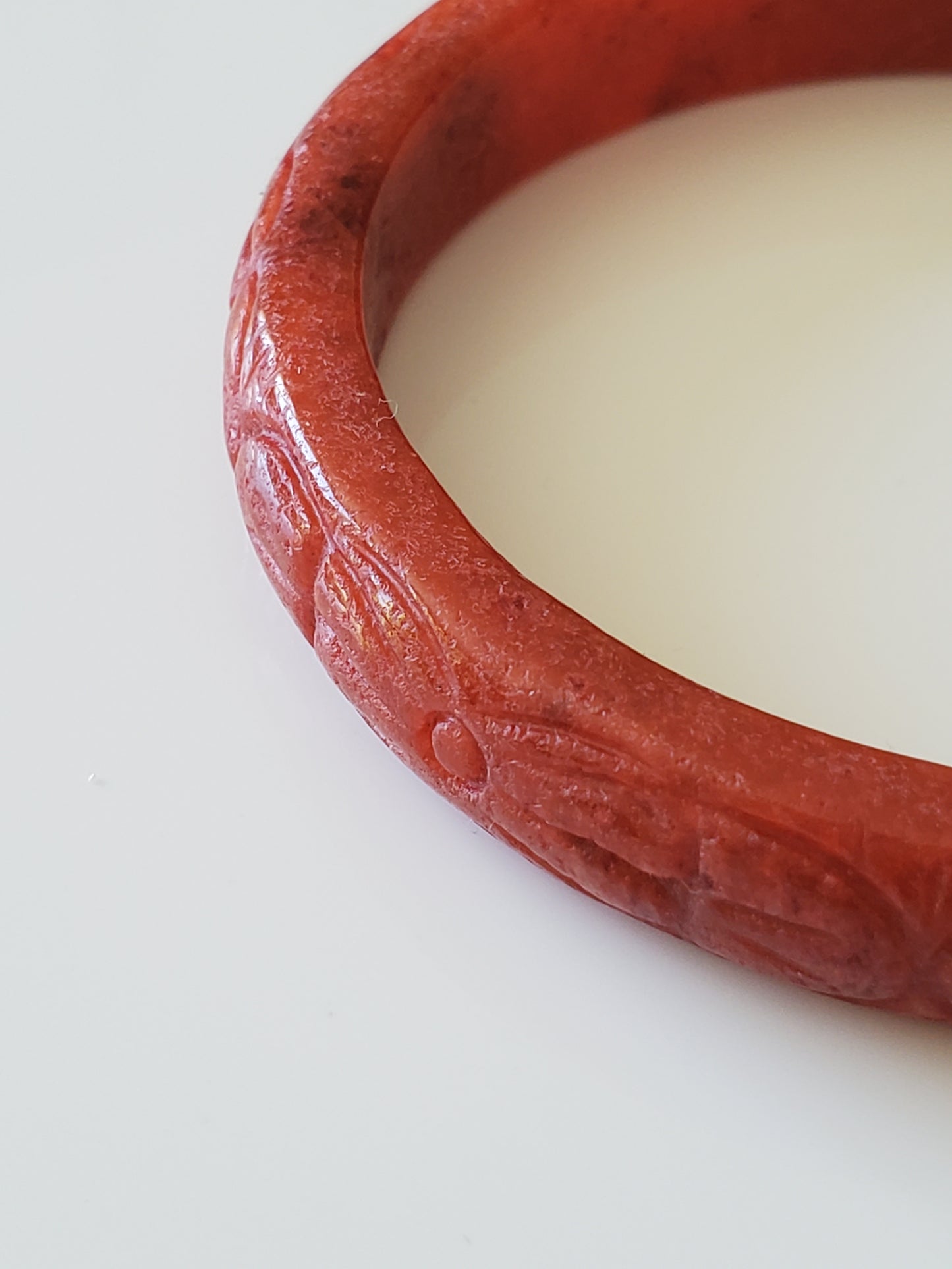 Vintage Chinese Carved Red Jade Bangle and Ring Set