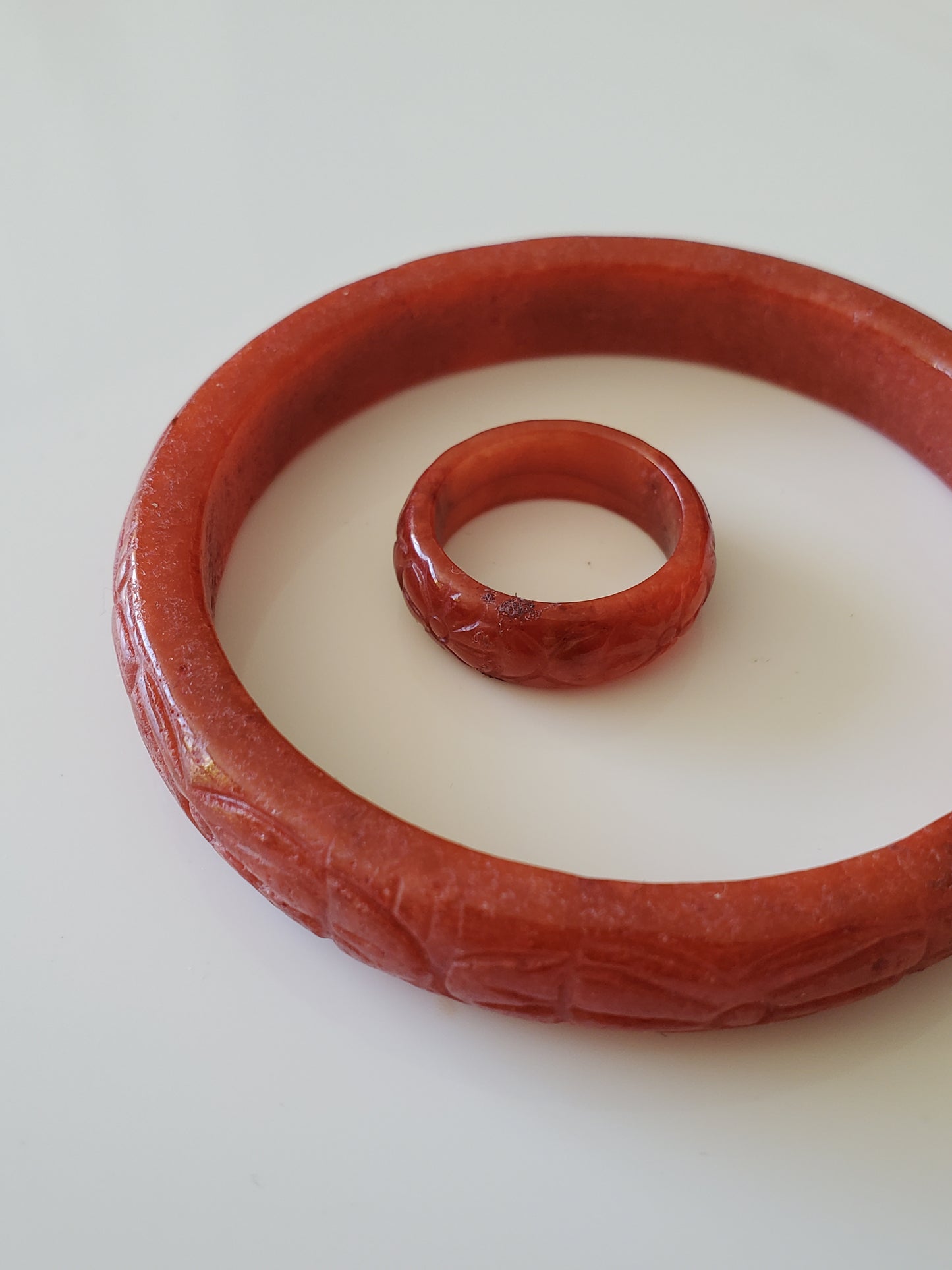 Vintage Chinese Carved Red Jade Bangle and Ring Set