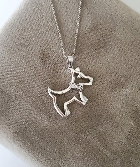 10K White Gold Dog with Diamond Accent Pendant with Sterling Necklace