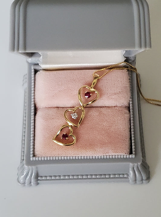 14K Gold Past Present and Future Ruby Heart Necklace