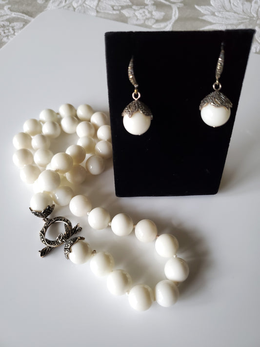 White Glass Bead Necklace and Earring Set with Marcasite Detailing