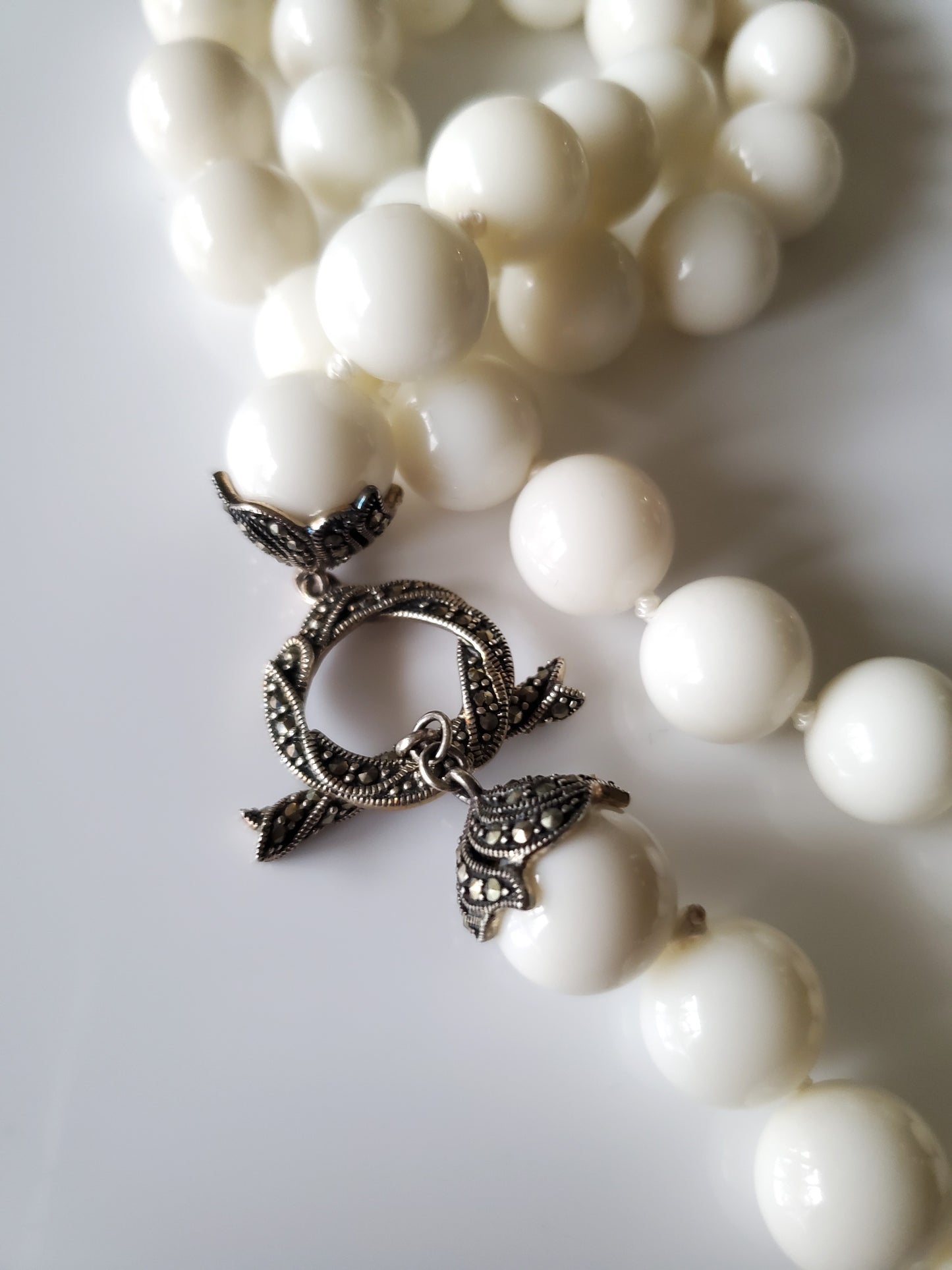 White Glass Bead Necklace and Earring Set with Marcasite Detailing