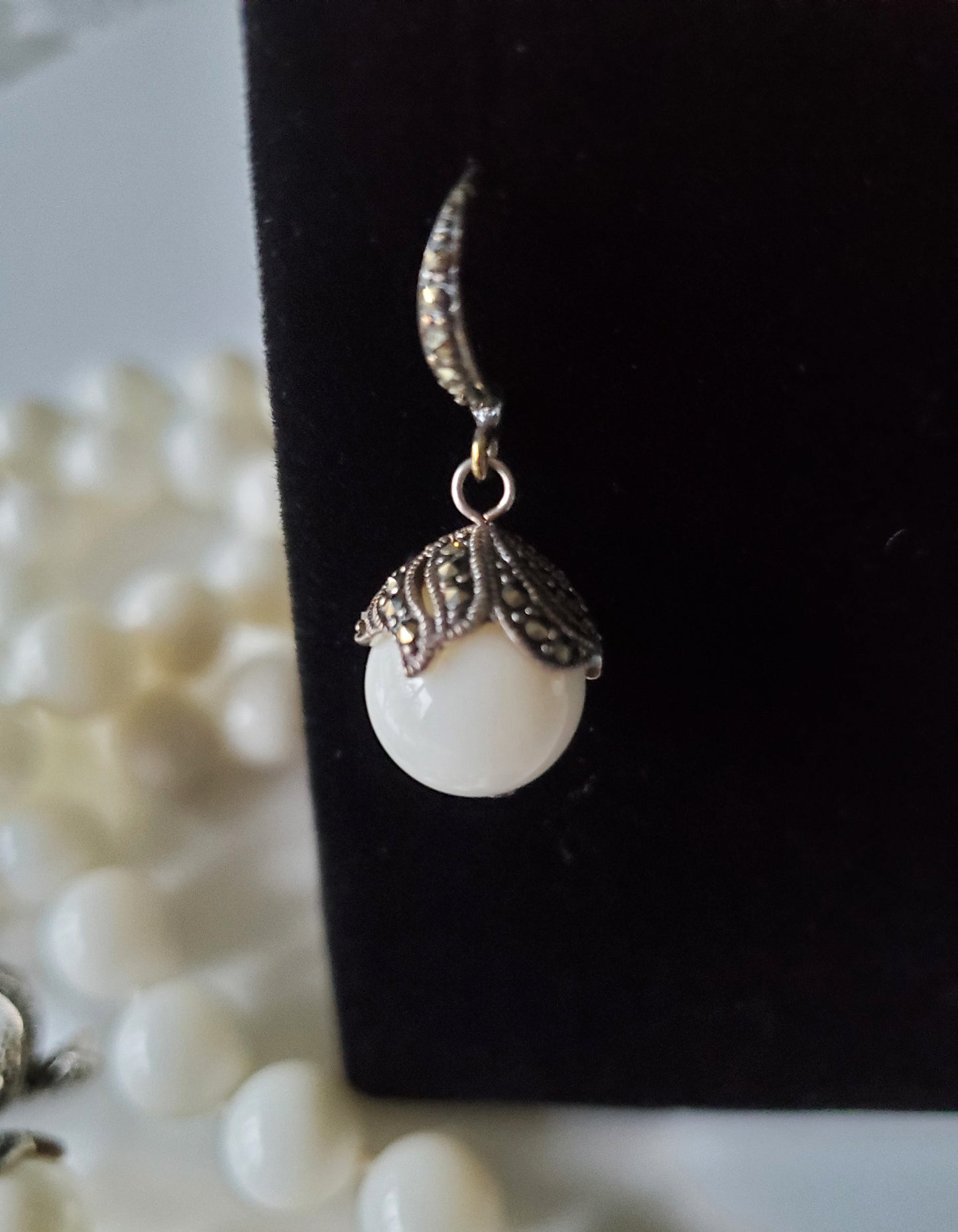 White Glass Bead Necklace and Earring Set with Marcasite Detailing