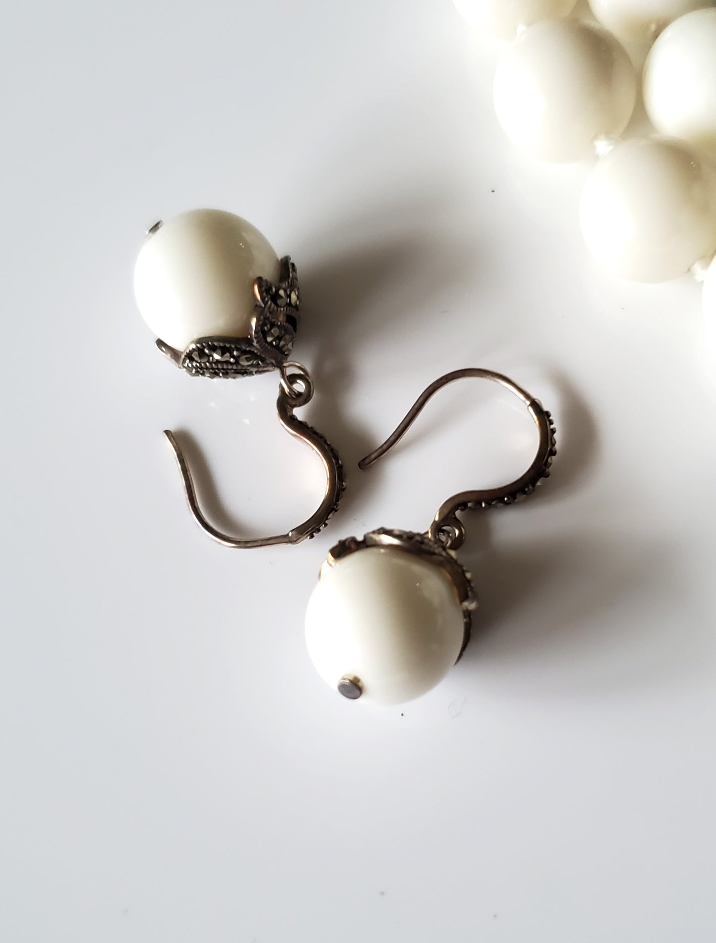 White Glass Bead Necklace and Earring Set with Marcasite Detailing