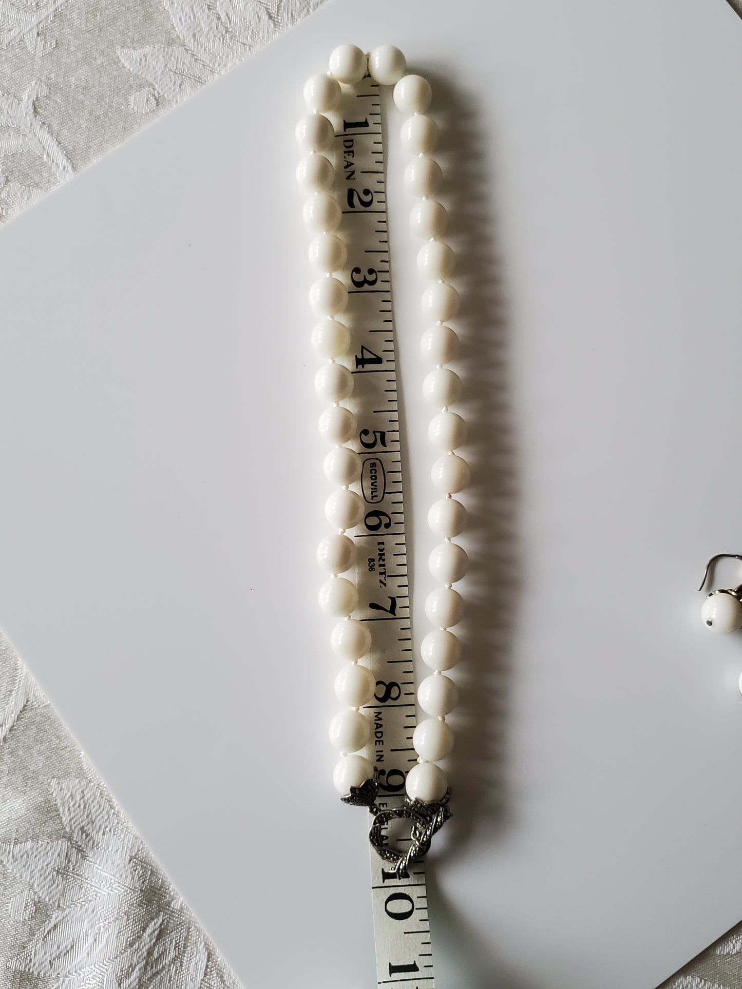 White Glass Bead Necklace and Earring Set with Marcasite Detailing