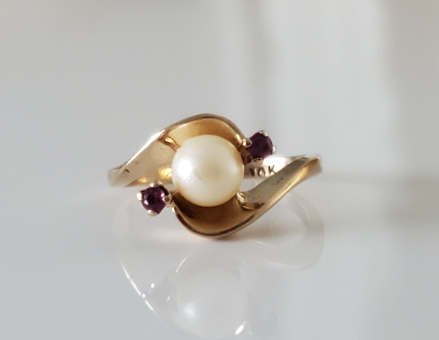 Vintage Mid-Century 1950s 10K Cultured Pearl and Ruby Bypass Ring