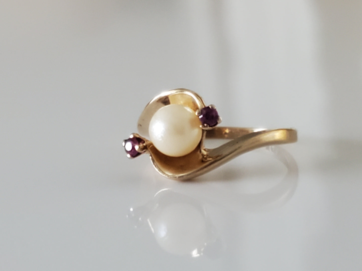 Vintage Mid-Century 1950s 10K Cultured Pearl and Ruby Bypass Ring