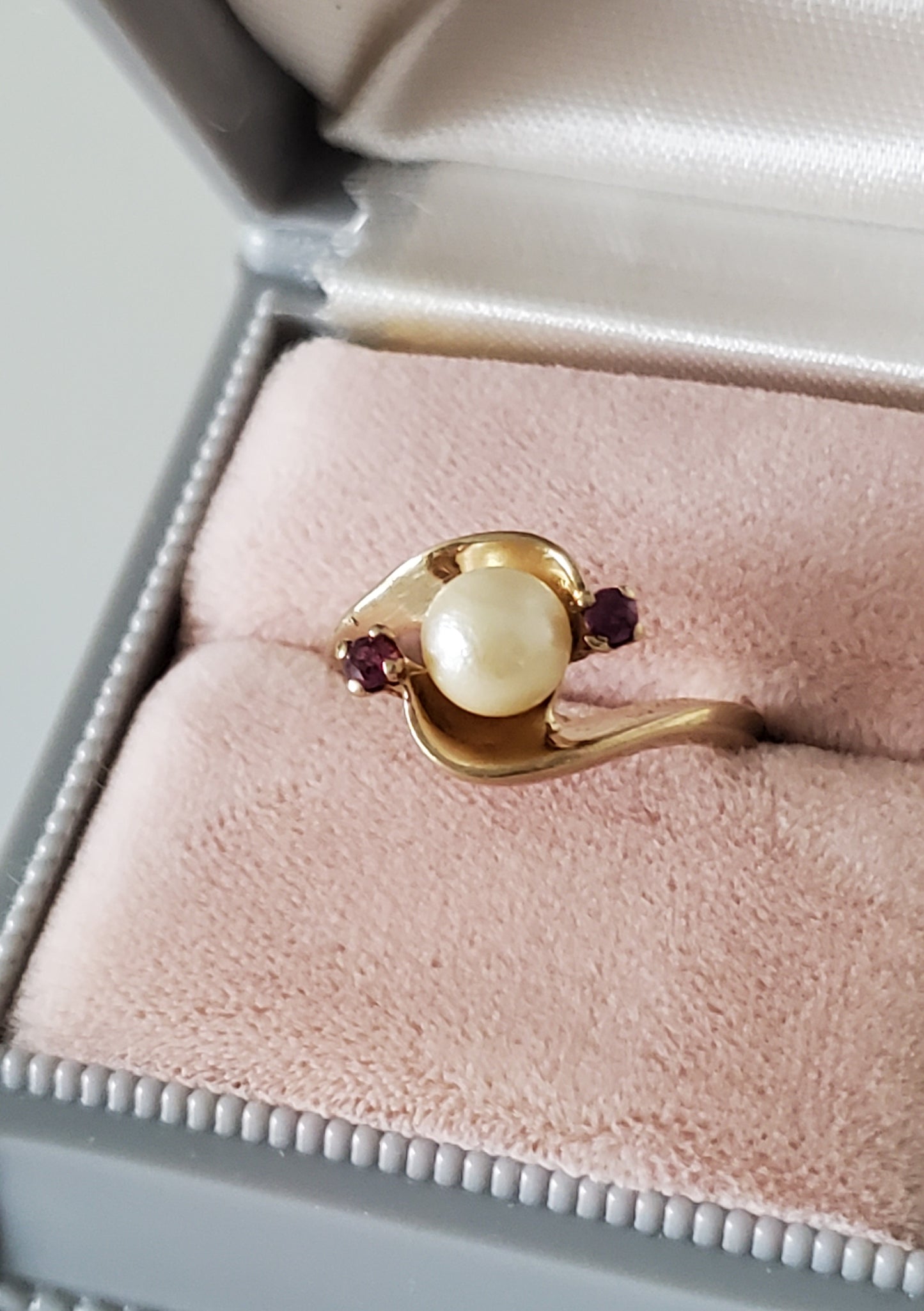 Vintage Mid-Century 1950s 10K Cultured Pearl and Ruby Bypass Ring