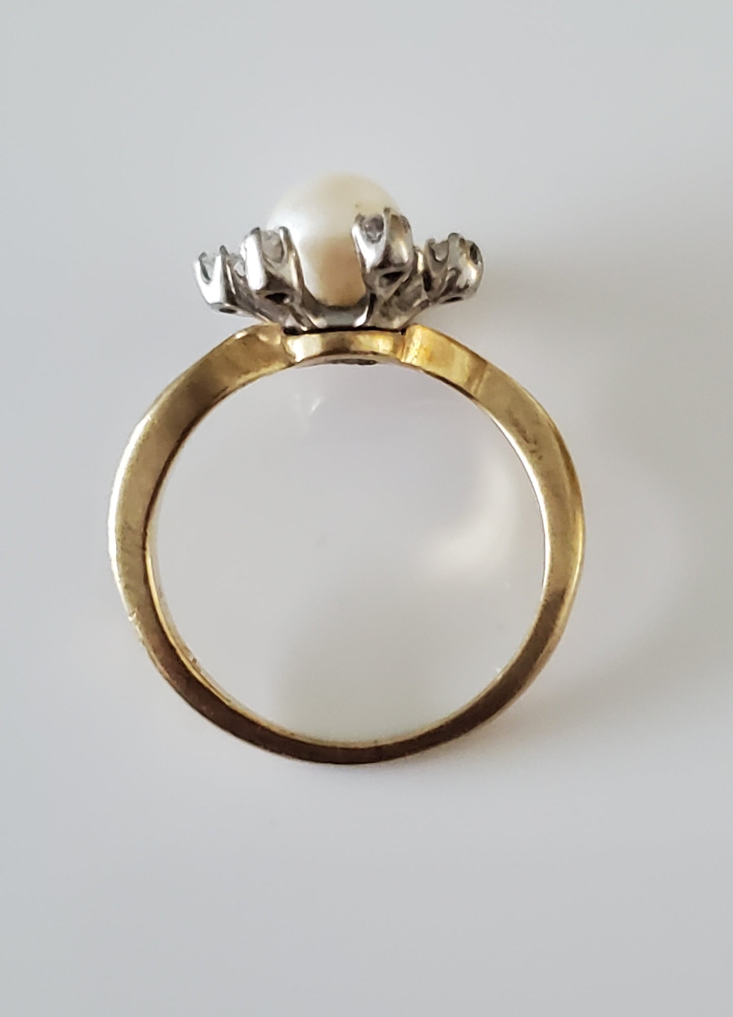 10K Gold - Vintage Cultured Pearl and White Sapphire Princess Halo Ring