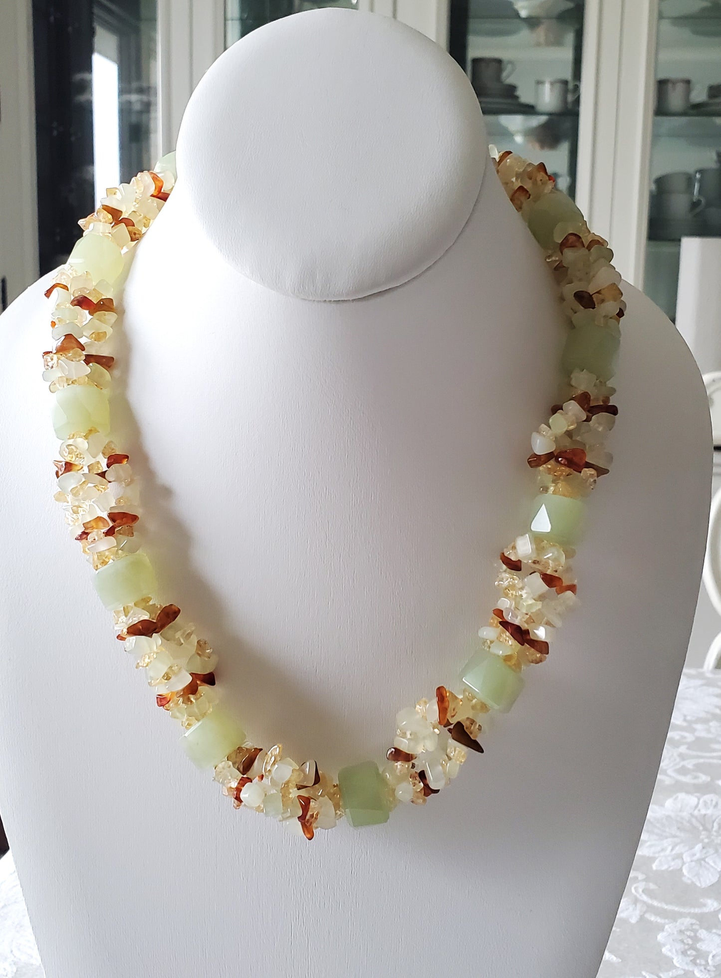 Sage Green Agate and Amber Stone Necklace