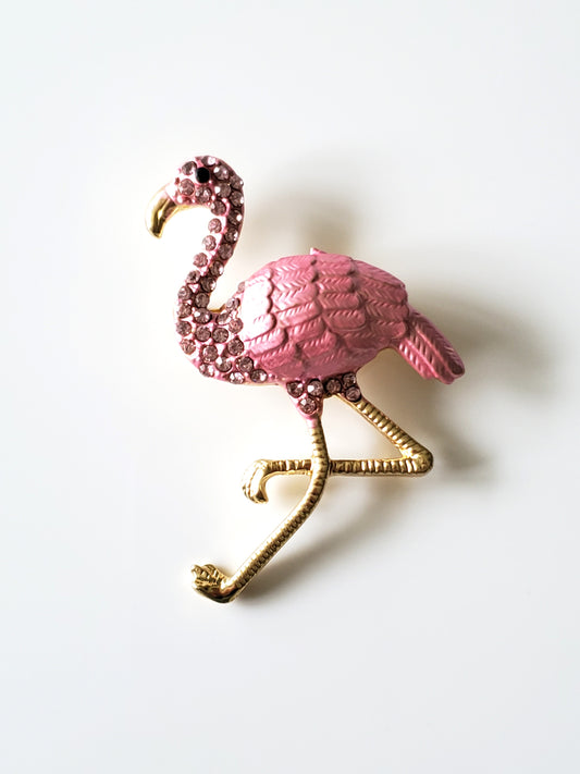 Pink Enamel and Rhinestone Flamingo Brooch