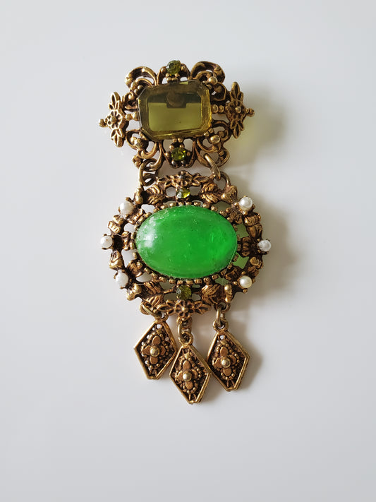 Vintage Victorian Green Stone and Seeded Faux Pearl Dangle Brooch