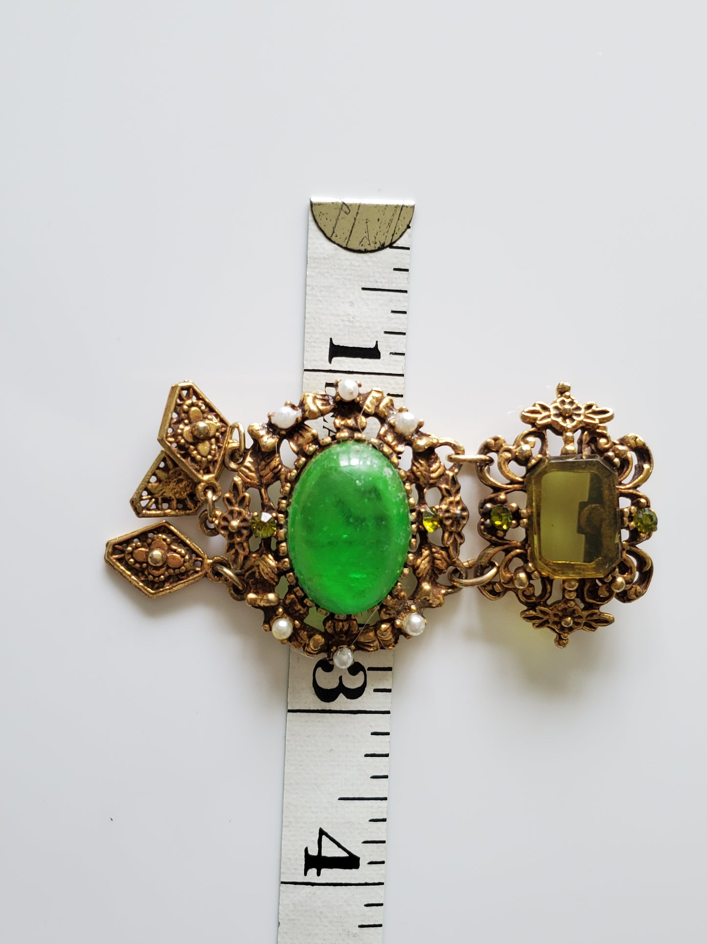 Vintage Victorian Green Stone and Seeded Faux Pearl Dangle Brooch